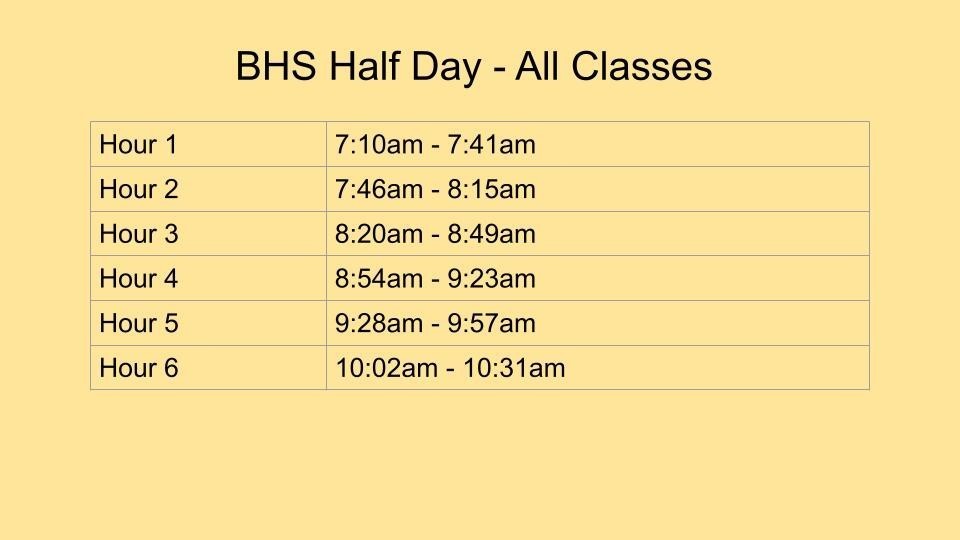 BHS Half Day Schedule-All Classes