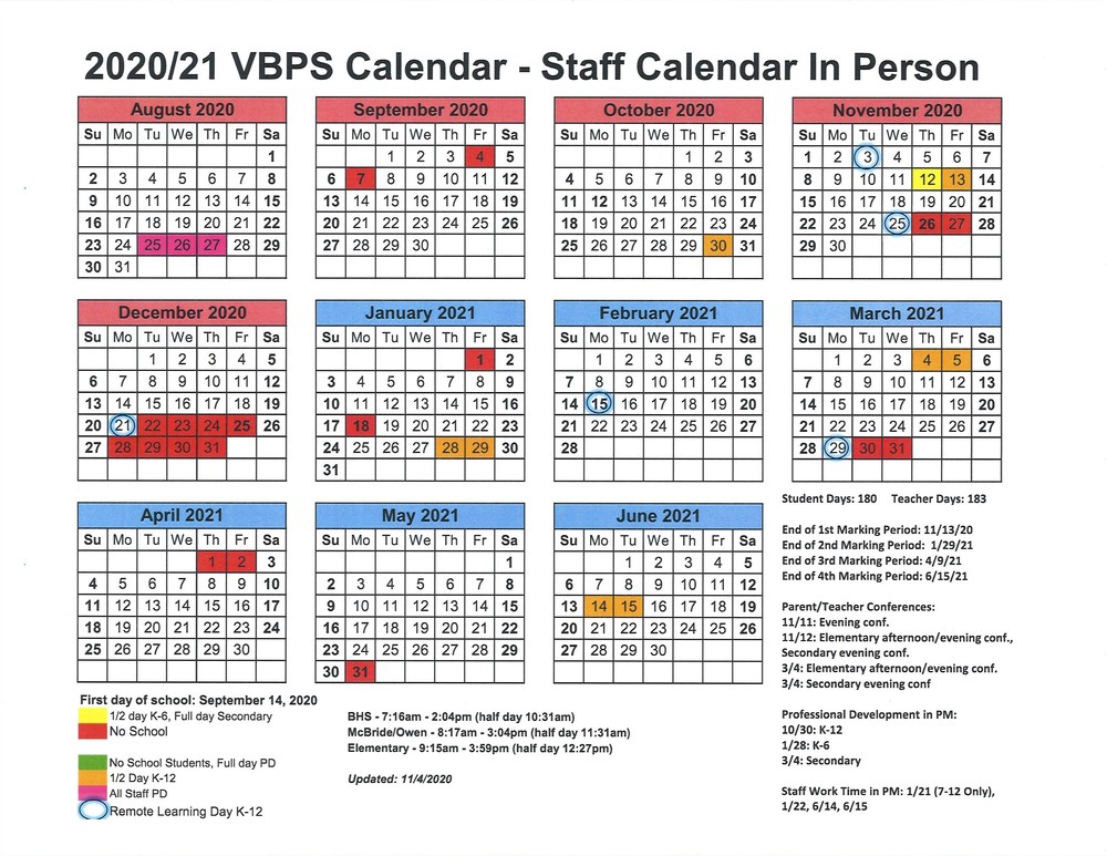 NEW VBPS 2020 2021 School Year Calendar (InPerson Learning) Van