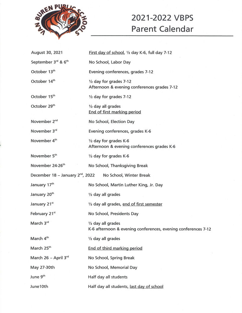2021-2022 VBPS Parent Calendar | Van Buren Public Schools