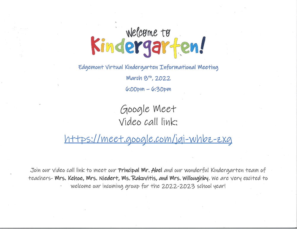 Edgemont 2022-23 Kindergarten Informational  Meeting