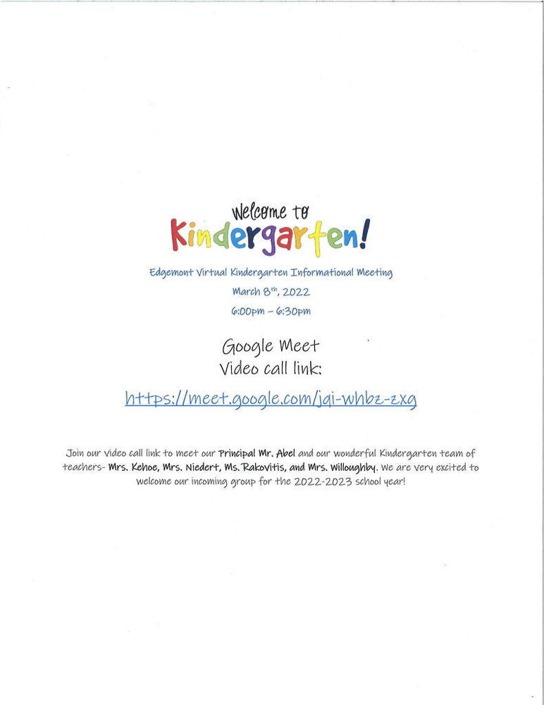 Edgemont Virtual Kindergarten Round-up Informational Meeting