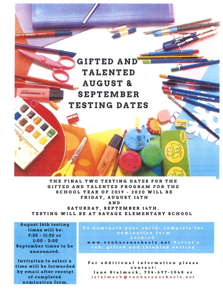 Gifted & Talented August & September Testing Dates